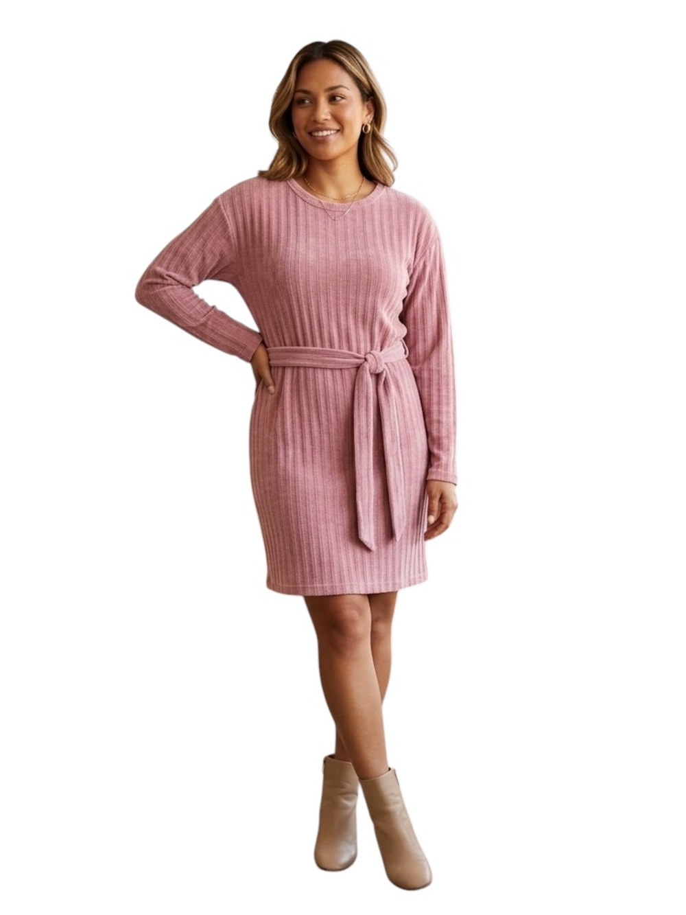 Adrienne Vittadini Dusty Rose Pink Ribbed Knit Belted Sweater Dress